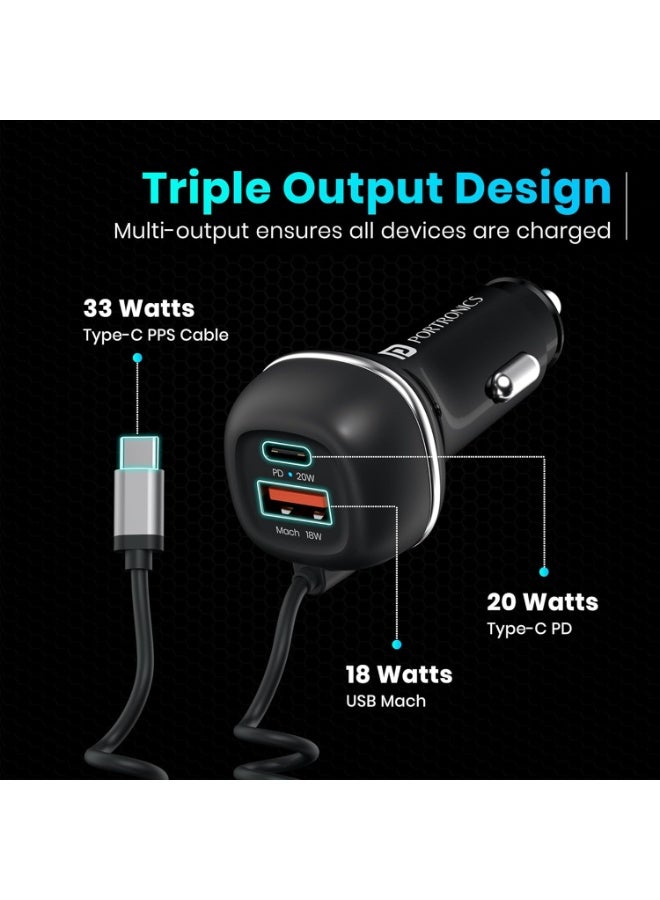 Portronics 71W Car Power 1C Triple Output Fast Car Charger with 33W Type-C Cable, 20W Type-C PD, 18W USB Port, Fast Charging Adapter Compatible with Cars for iPhone & Android Smartphone (Black) - Image 2